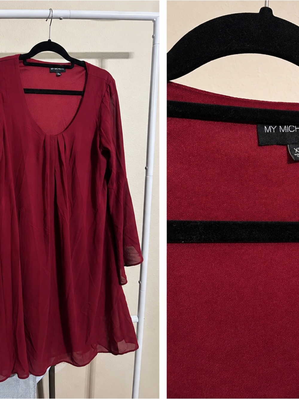 My Michelle Burgundy Long-Sleeve Pleated Scoop Neck Dress